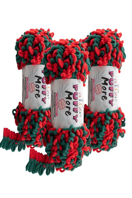 Puffy More Hand Knitting Yarn 3 Pieces – 6292- Green/Red– 150 Gr. 11.5 Meters. – Blanket, Scarf, Vest