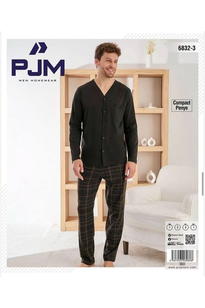 Men's Buttoned Compact Combed Cotton Long Sleeve Pajama Set
