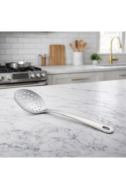 A perforated stainless steel serving spoon… practical with a touch of elegance