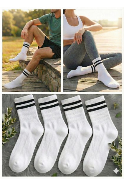 Pack of 4 Unisex White Ribbed College Socks - Cotton Half-Tube Sports Tennis Socks