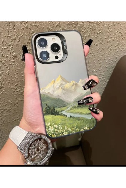 iPhone 15 Pro Max Compatible Dirt-Repellent Green Painting Themed B Printed Luxury Phone Case Mk01A