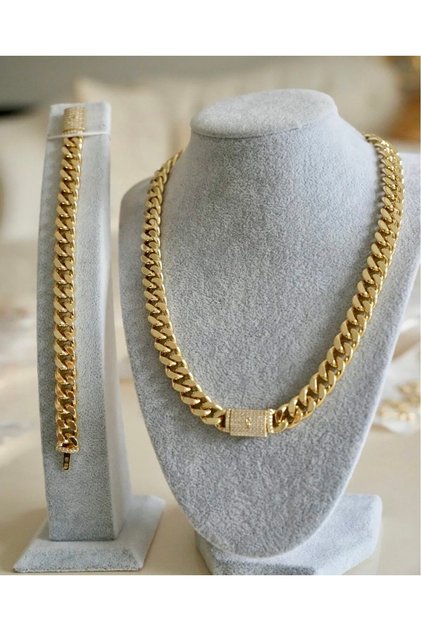 14K Altın Kaplama Zirkon Taşlı Gurmet Set ( Kolye+Bileklik )
