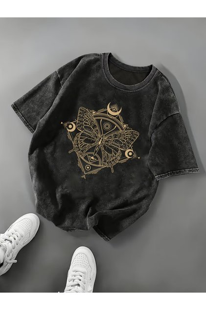 تي شيرت للجنسين من Acid Wash - قصة فضفاضة تي شيرت للجنسين-شكل الفراشة مطبوع تي شيرت Vinatge