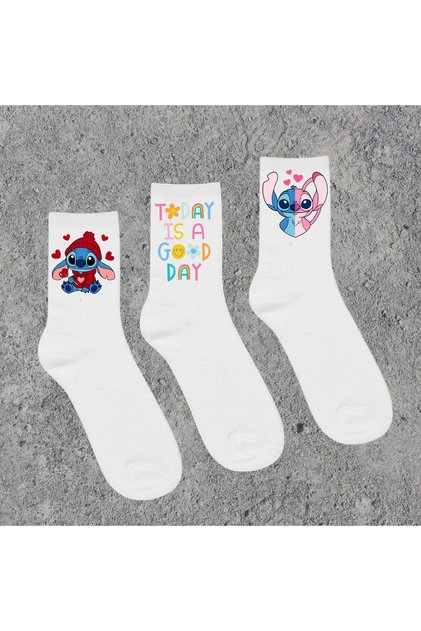 Stitch & Angel & Labubu & Cupcake Printed White School Socks