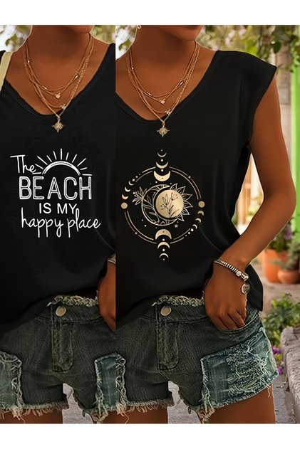 Women's 2 Piece Mix Printed V-Neck Sleeveless Oversized Salas Boyfriend T-Shirt Set