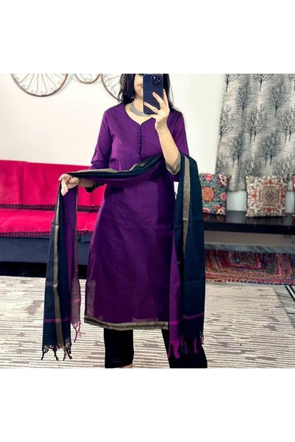 Premium cotton 3pc kurti set / salwar set - Purple colour women's kurta set with kasavu prints