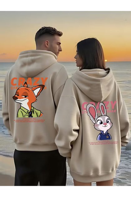 Lover Couple Combination Zootopia Crazy Sırt Printed Design Hooded Sweatshirt 2-Piece Set
