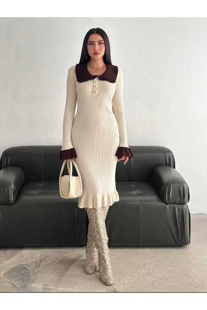 Cream Women's Ruffle Collar Midi Length Knitwear Dress