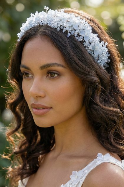 Crystal Stone Floral Bridal Crown Henna and Engagement Hair Accessory Ice Blue