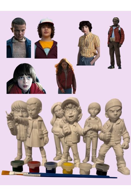 3D Stranger Things Eleven - Mike - Dustin - Lucas - Will - Max Karakterleri 6 lı Figür Boyama Seti - Kendin Boya Hobi ve Etkinlik Seti - Akrilik Boya + 12 Fırça