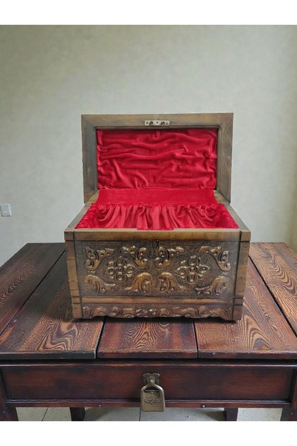 Wooden Hand Carved Red Velvet Covered Decorative Chest - 37X22 cm Jewelry and Dowry Box
