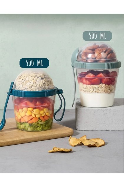 2 cupe de lapte cu granola și muesli, 500 ml, recipient pentru iaurt cu linguriță