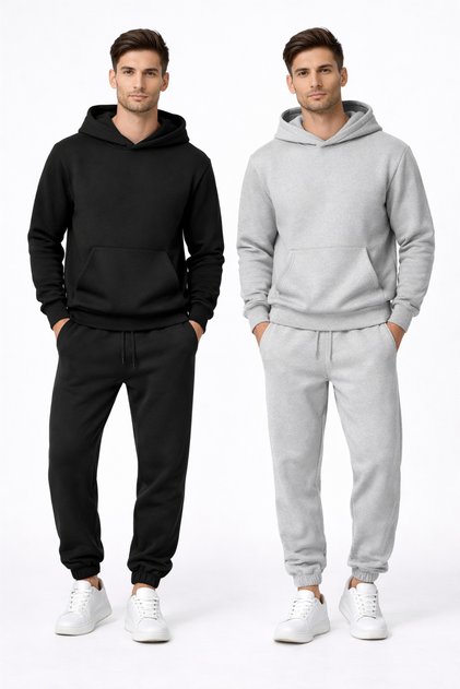 Men's Plain Black-Grey Set Hooded Tracksuit Set Kangaroo Pocket