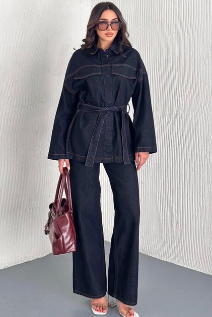 Navy Blue Tie-Dye Shirt and 5-Pocket Palazzo Trousers Denim Suit Vs01637