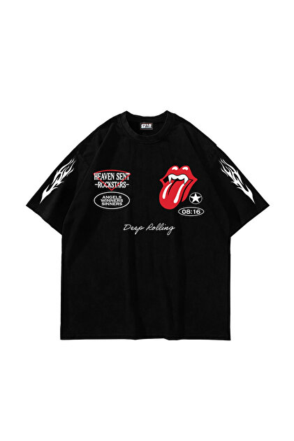 Deep Rolling Printed Oversized Unisex Black Tshirt