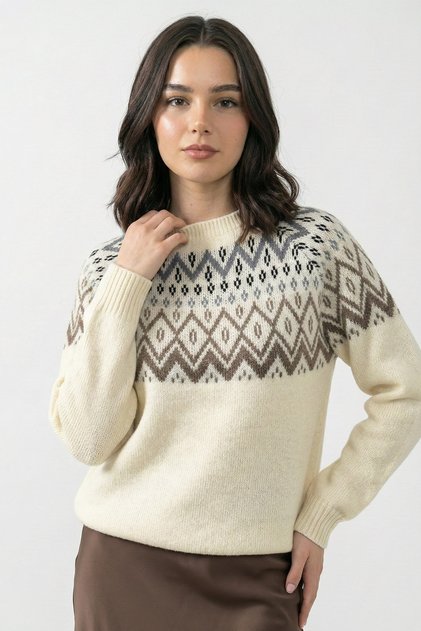 Ecru Knit Sweater with Patterned Collar