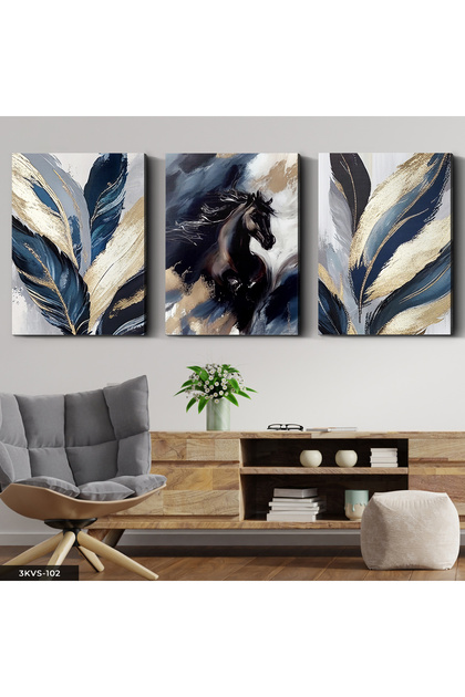At ve Gold Detaylı Yaprak 3 Parça Kanvas - Canvas Tablo