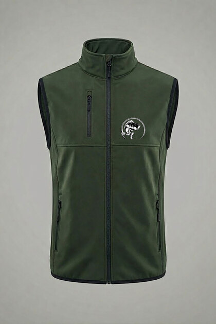 Hunting Fish and Fishing Rod Printed Water and Wind Resistant Men's Softshell Outdoor Khaki Vest