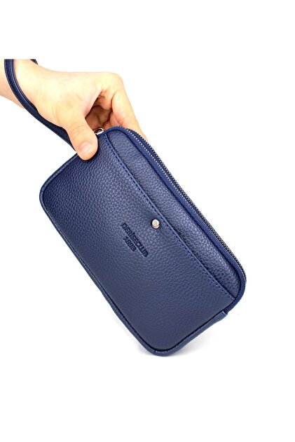 Men's Navy Blue Two-Compartment Luxury Handbag with Belt