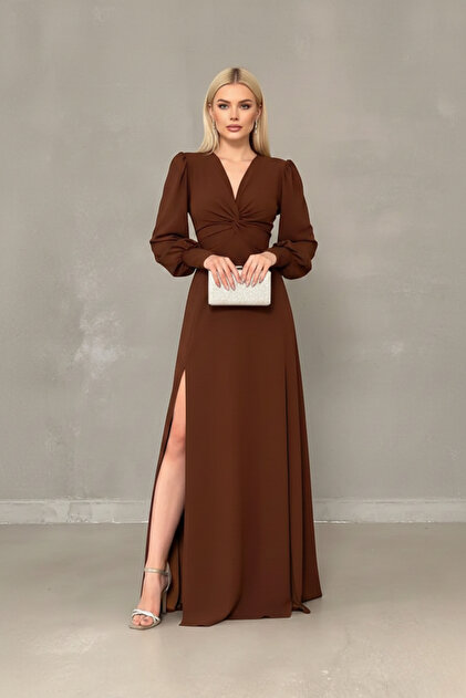 lowell home Women's Crepe Fabric Front Knot Detail Maxi Length Long Sleeve  Double Slit Evening Dress- Trendyol