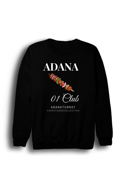 Adana - 01 - Kebap - Şehir Printed Unisex 100% Cotton Crew Neck Black Sweatshirt