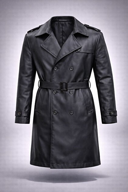 Slim Fit Su Geçirmez Kemerli Kruvaze Deri Trençkot