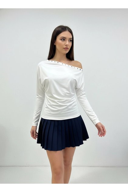 Women's Boat Neck Batwing Sleeve Lycra Jersey Blouse with Eyelets 13003