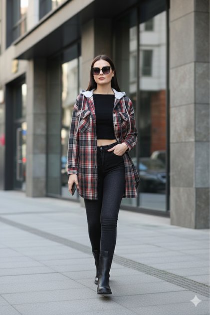 Hooded Lumberjack Shirt Jacket - Red and Anthracite Checkered