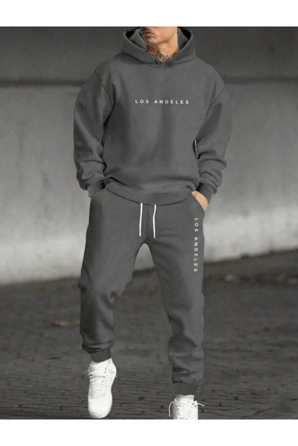 Casual Los Angeles Printed 3 Thread Comfortable Winter Thick Bottom Top Hooded Sweatsuit Set