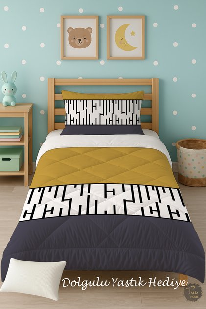 Mustard Gray Patterned Single Children's Quilt Sleeping Set Tlag-328