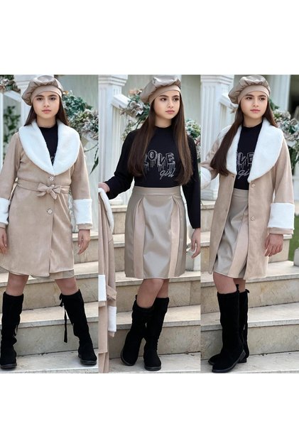 Girl's Leather 4-Piece Set - Plush Collar Suede Coat - Leather Detailed Skirt - Rhinestone Blouse - Leather Beret