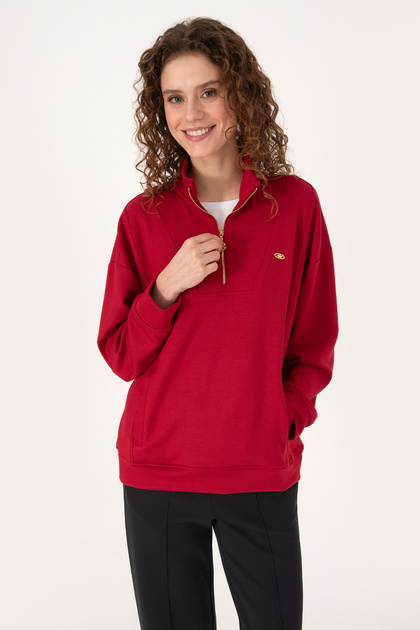 Kadın Koyu Frambuaz Fermuarlı Dik Yaka Sweatshirt 50314221-VR104