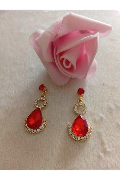 Red Stone Gold Steel Dangling Earrings Are Handmade