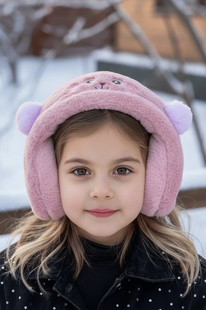 Dark Pink Color Teddy Bear Figured Plush Earmuff