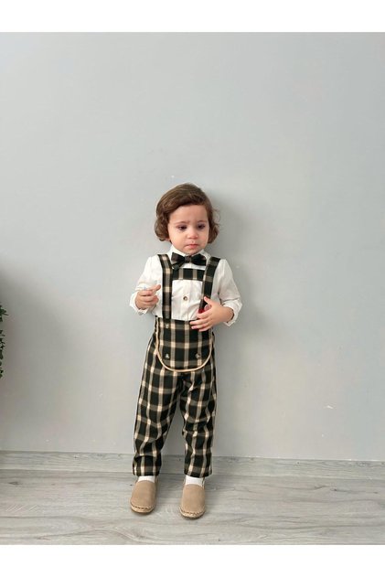 Mini Gentleman White Shirt Plaid Salopet Shirt Bow Tie 3-Piece Set