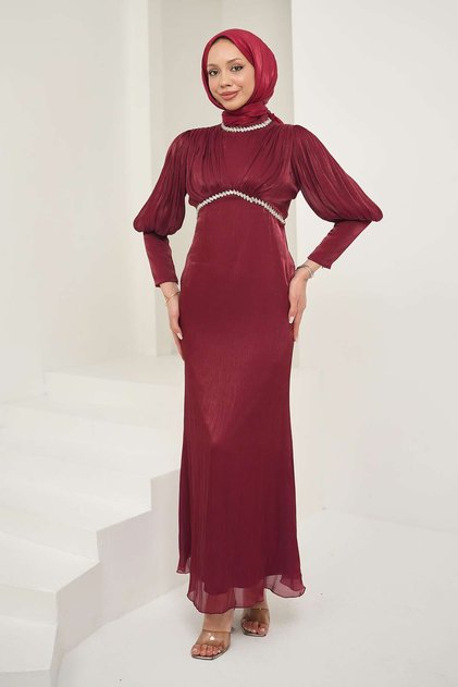 Burgundy Pleated Front Stone Embellished Evening Dress