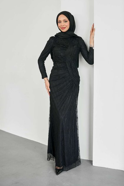 Black Gathered Front Lace Evening Dress