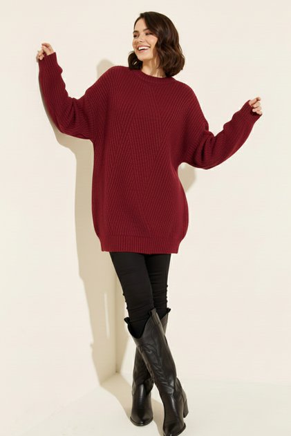 Kendinden Desenli Triko Tunik R4444 Kırmızı
