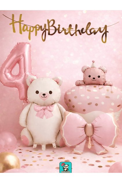 Pink Teddy Bear Themed 4Th Birthday Foil Balloon Set Party Decoration