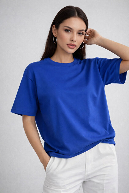 Rich Kadın Saks Mavi %100 Pamuk Oversize Basic Tişört – Rahat