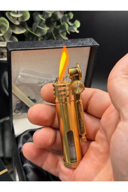 Zorro Retro Gold Metal Benzinli Gold Çakmak - Şeffaf Yakıt Hazneli & Özel Kutulu