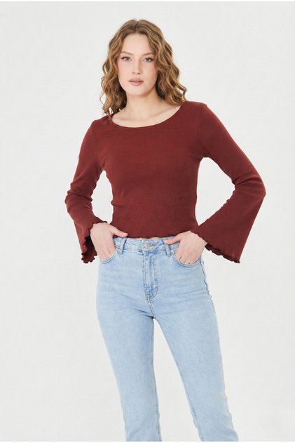 Women's Round Neck, Sleeves and Skirt Overlock Detailed Ribbed Knit Long Sleeve Blouse