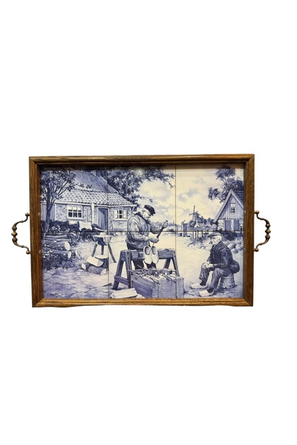 Dutch 48 cm 33 cm Tray Made of Wood and Porcelain Tiles - a Small Crack in a Tray That Can Be Hung on the Wall