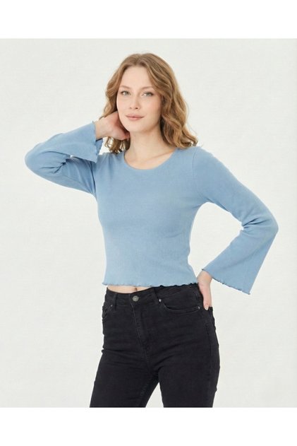 Women's Round Neck, Sleeves and Skirt Overlock Detailed Ribbed Knit Long Sleeve Blouse