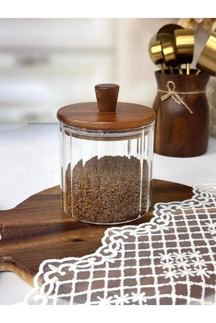Acacia Lid Glass Jar Striped 600 ml