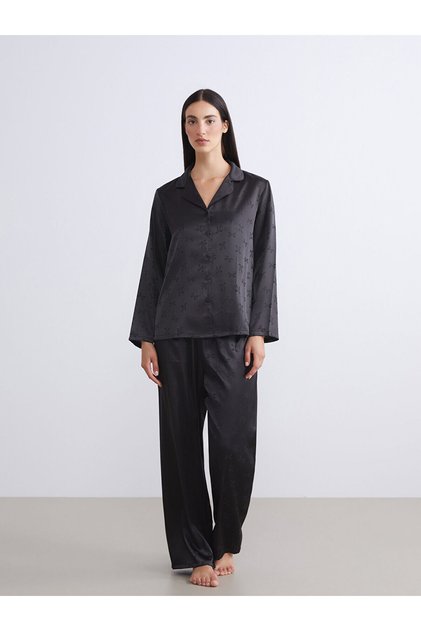 Black Shirt Collar Bowknot Satin Women's Pajama Set