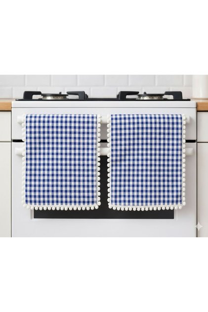 Oven Cover Set of 2 - White Decorative Kitchen Cover with Pompom Edges - 30*50 cm
