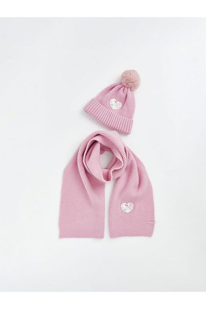 Lcw Accessories Pink Embroidered Girl's Scarf and Beanie