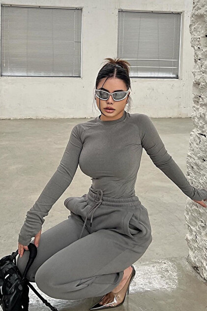 Basic Uzun Kollu Sandy Gri Zıbın Bodysuit