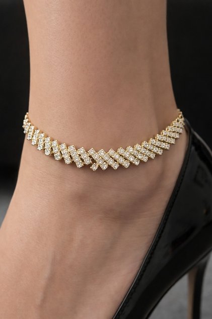 Gold Color Stone Detailed Design Anklet